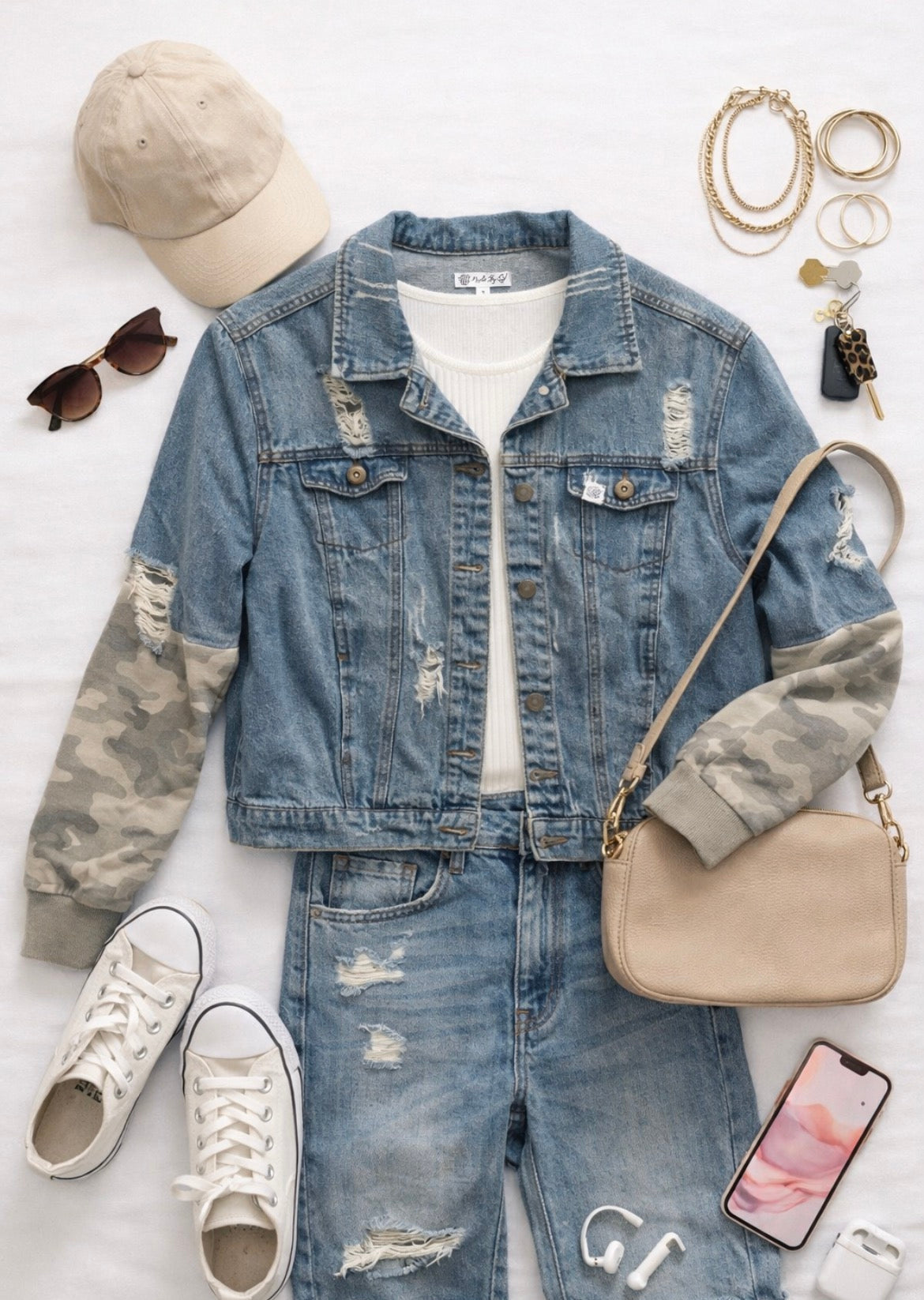 Distressed Denim Jacket – Camo Sleeve