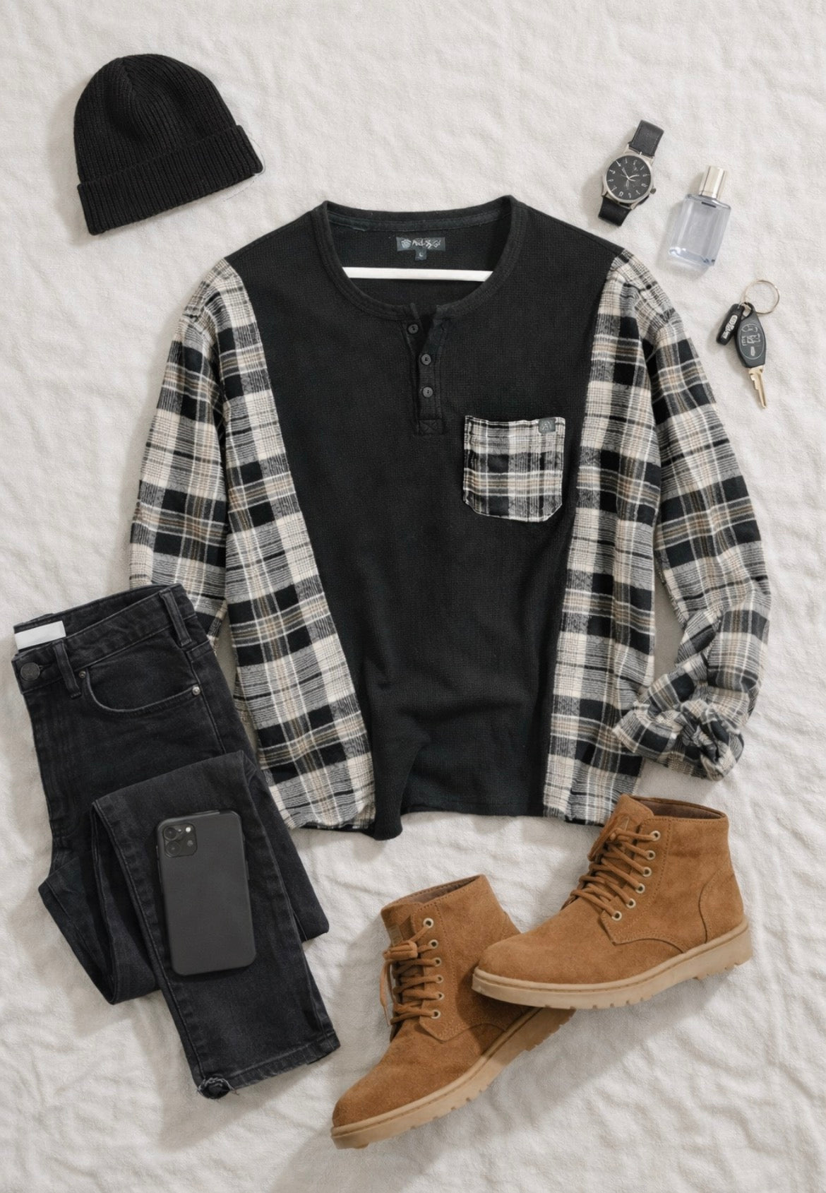 Henley Top – Black & Plaid Sleeve