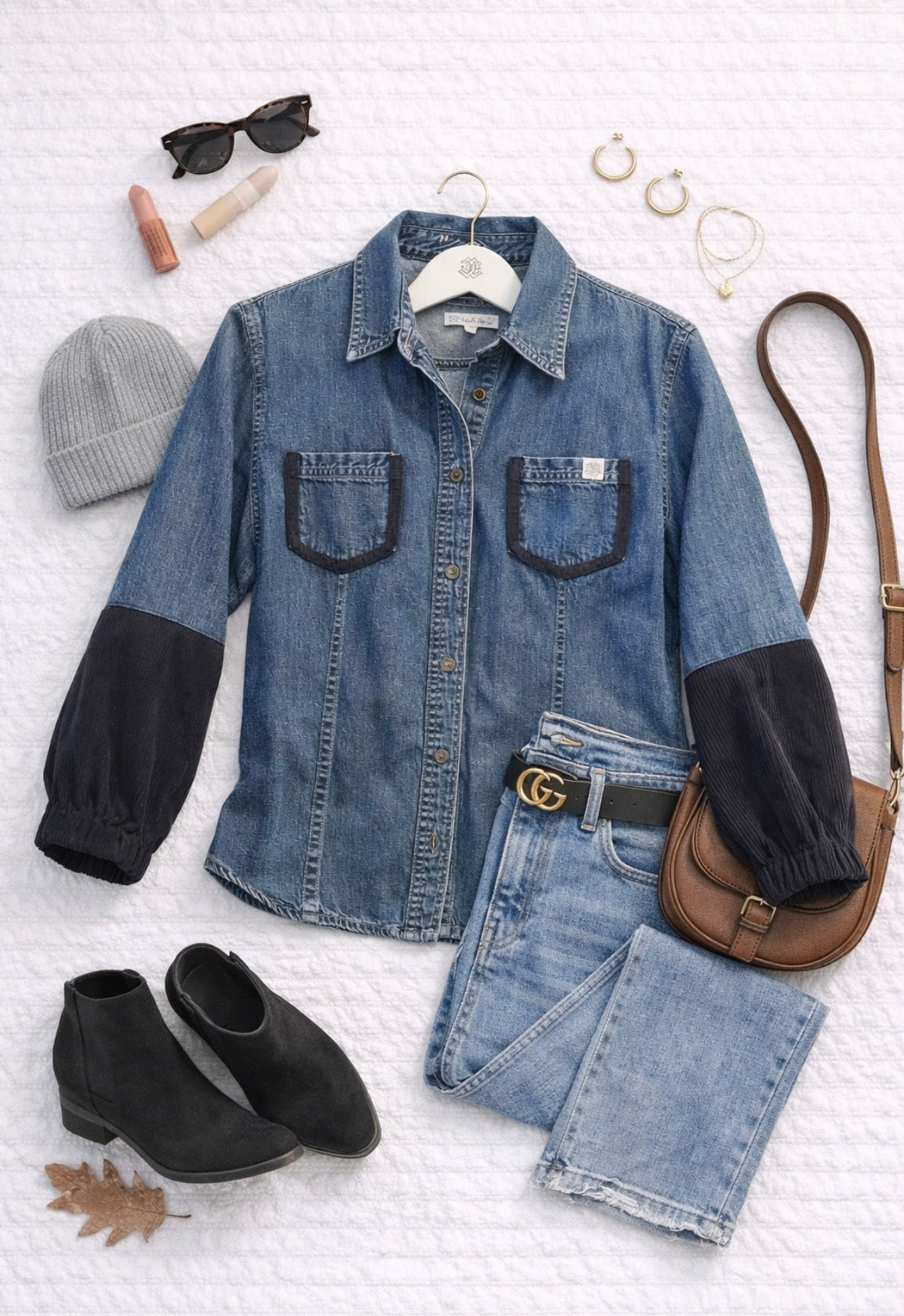 Denim Button-Up – Navy Corduroy Contrast