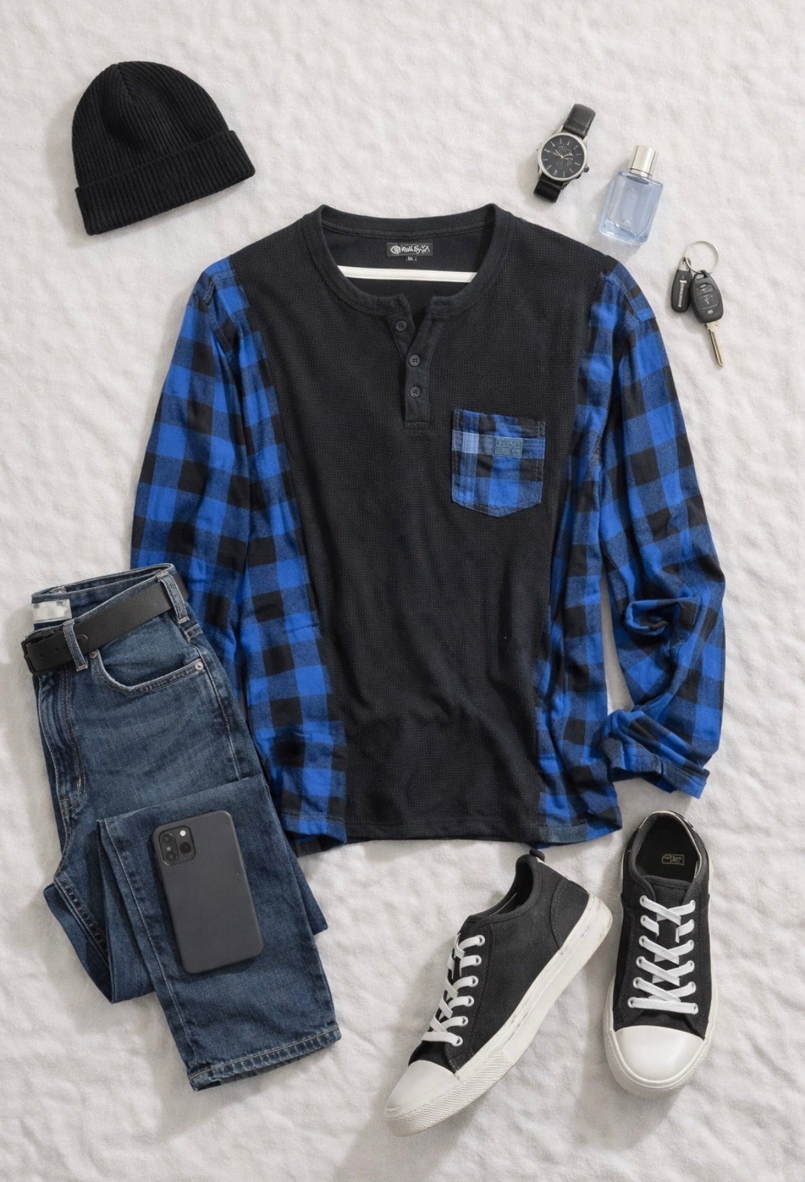 Henley Top – Black; Blue Plaid Sleeve