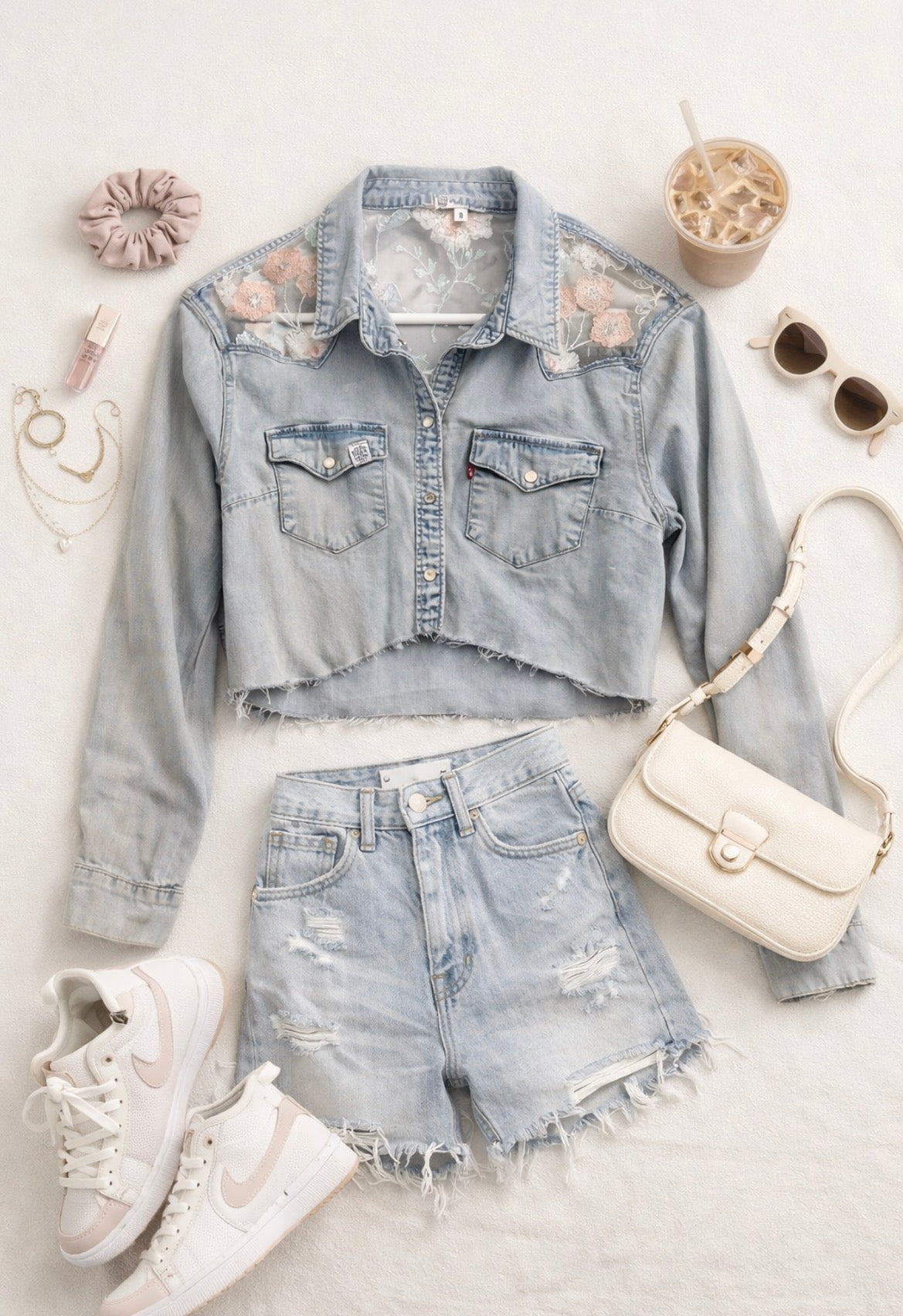 Denim Crop Jacket – Sheer Floral Edition
