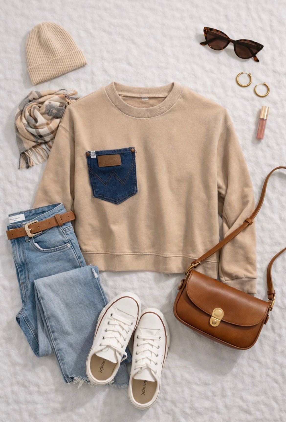 Soft Neutrals Denim Pocket Crew