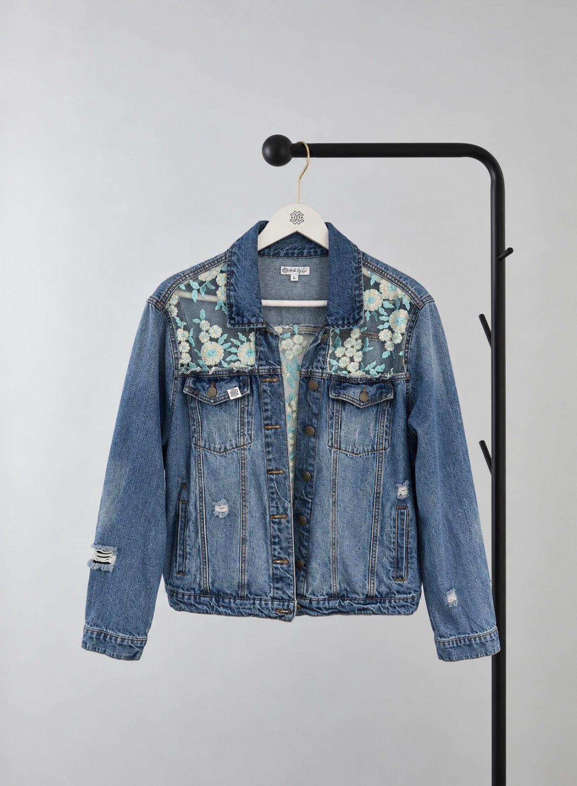 Denim Jacket with aqua floral lace details