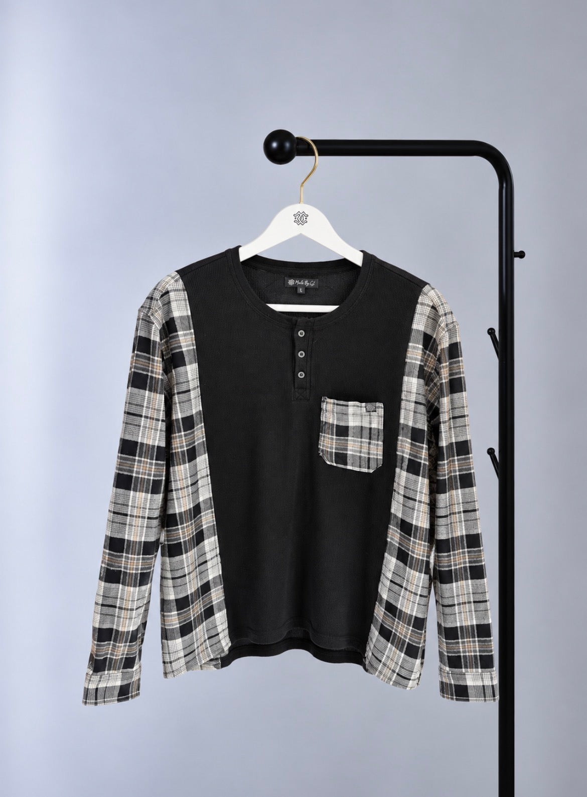 Henley Top – Black & Plaid Sleeve