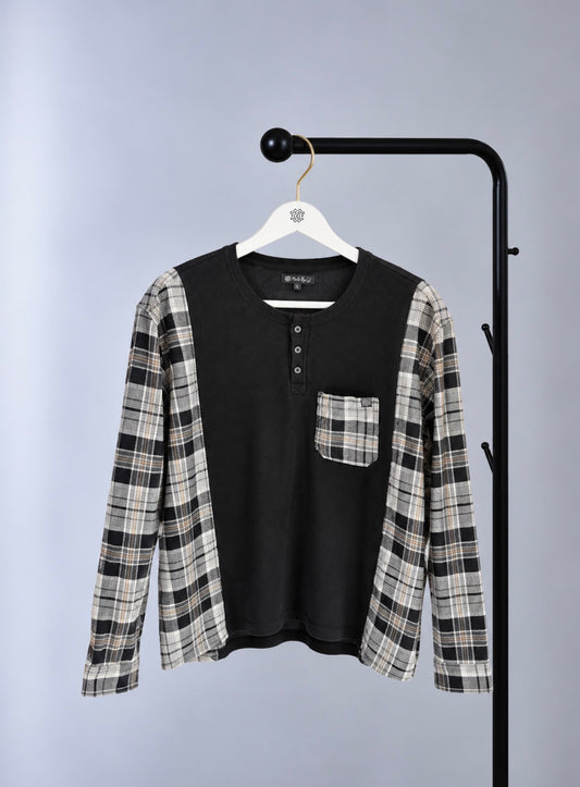 Henley Top – Black & Plaid Sleeve