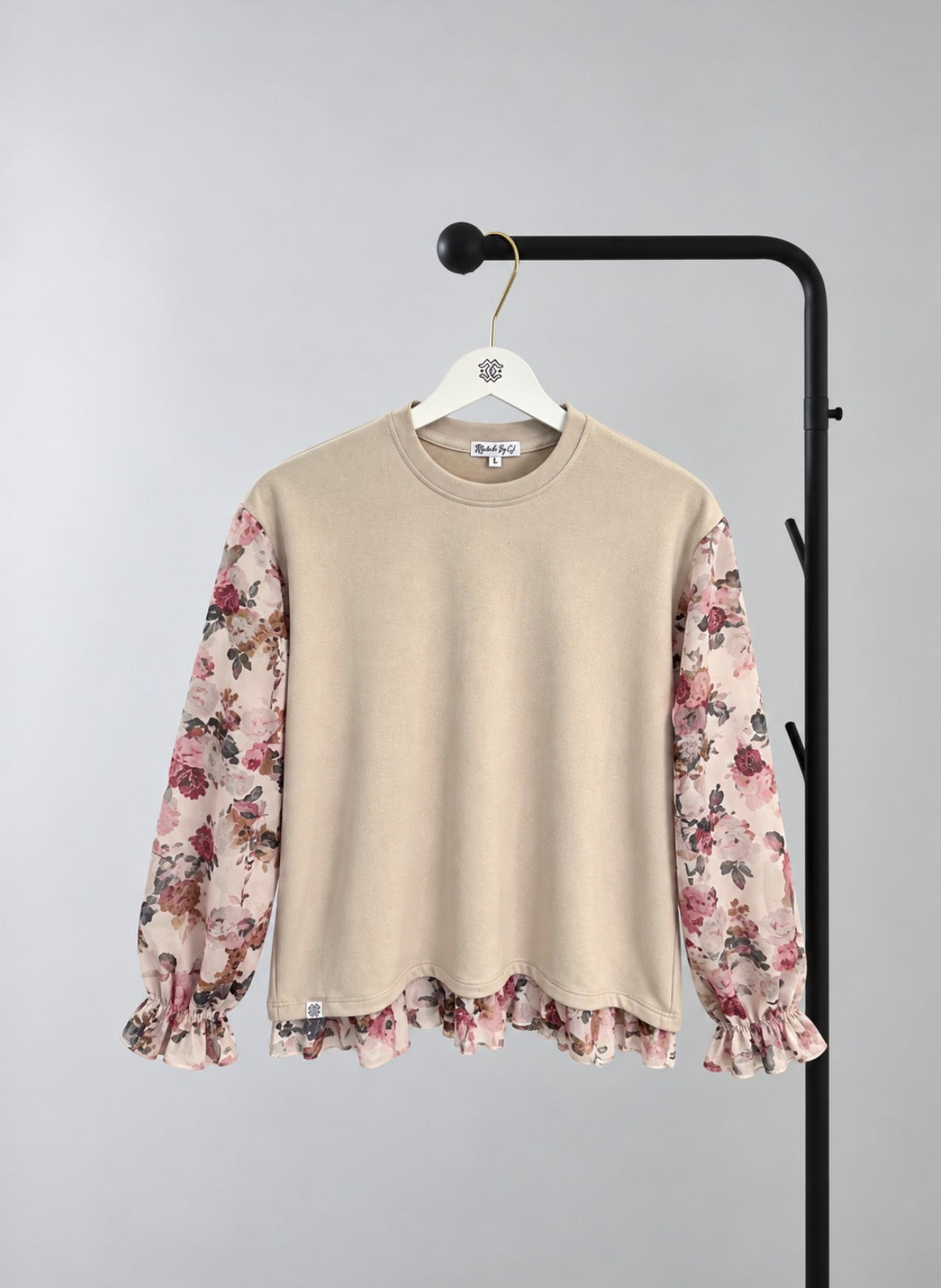 Beige sweatshirt with floral sleeves