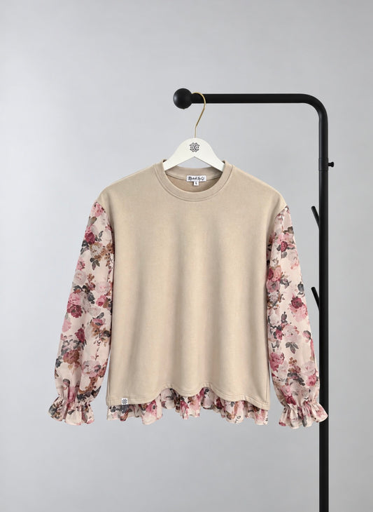 Beige sweatshirt with floral sleeves