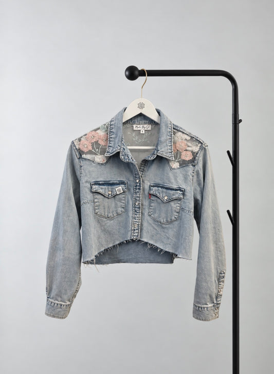 Denim Crop Jacket – Sheer Floral Edition