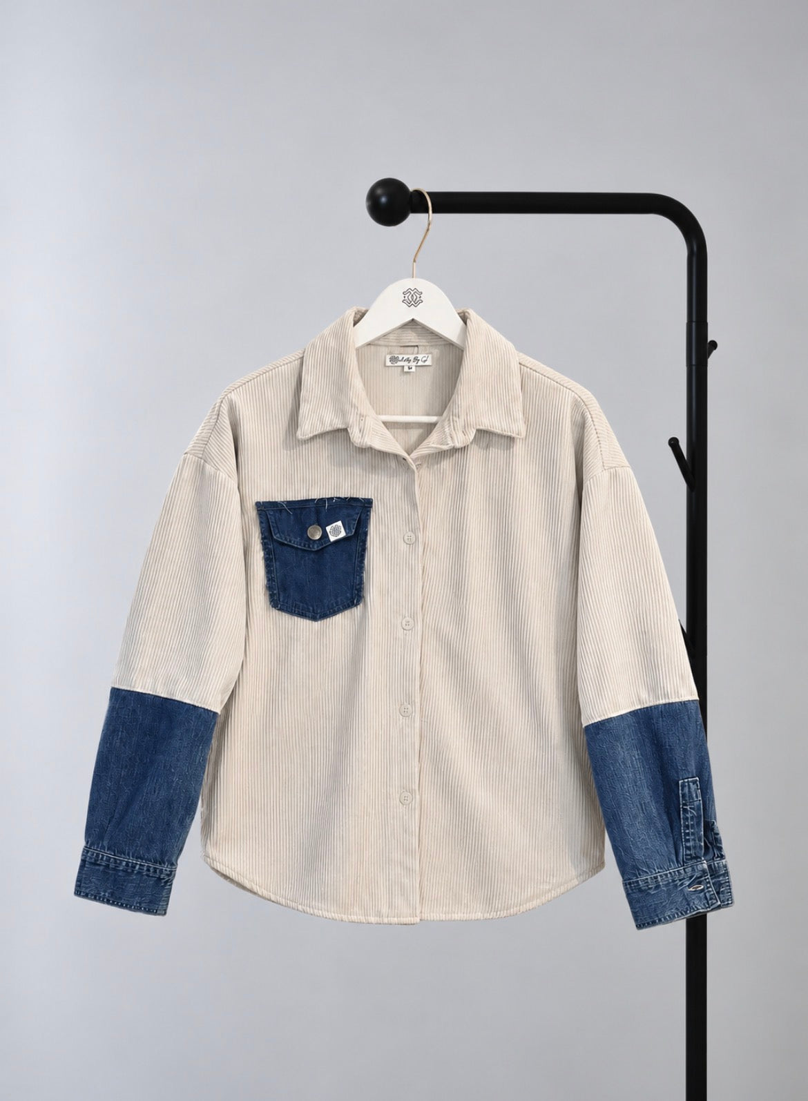 Corduroy Button-Up – Cream & Denim Contrast