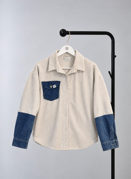 Corduroy Button-Up – Cream & Denim Contrast