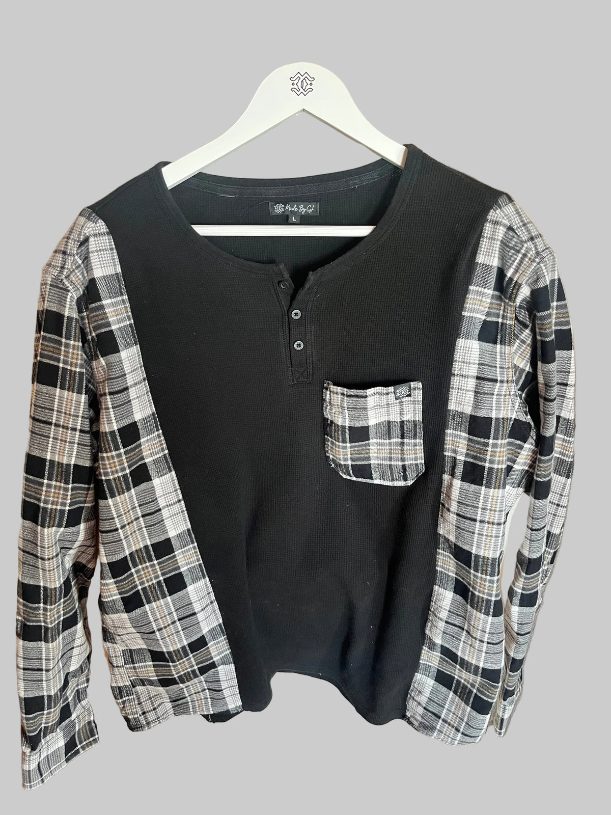 Henley Top – Black & Plaid Sleeve