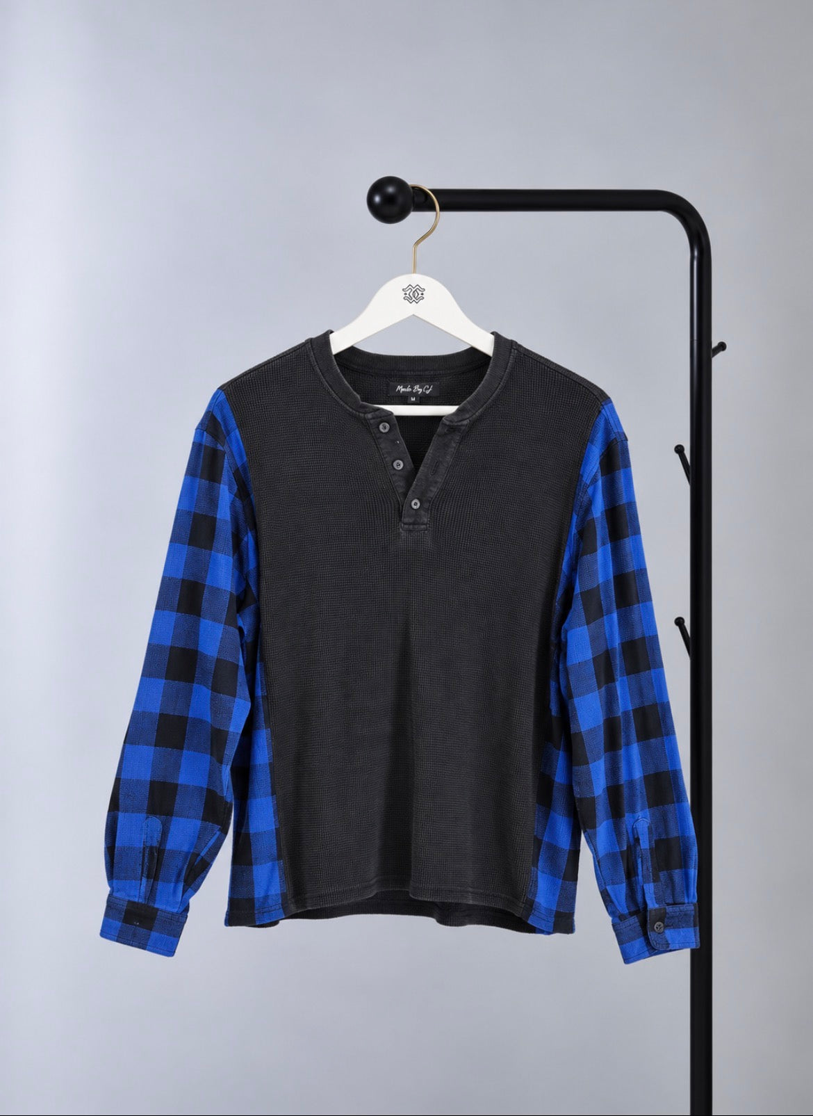 Henley Top – Black; Blue Plaid Sleeve