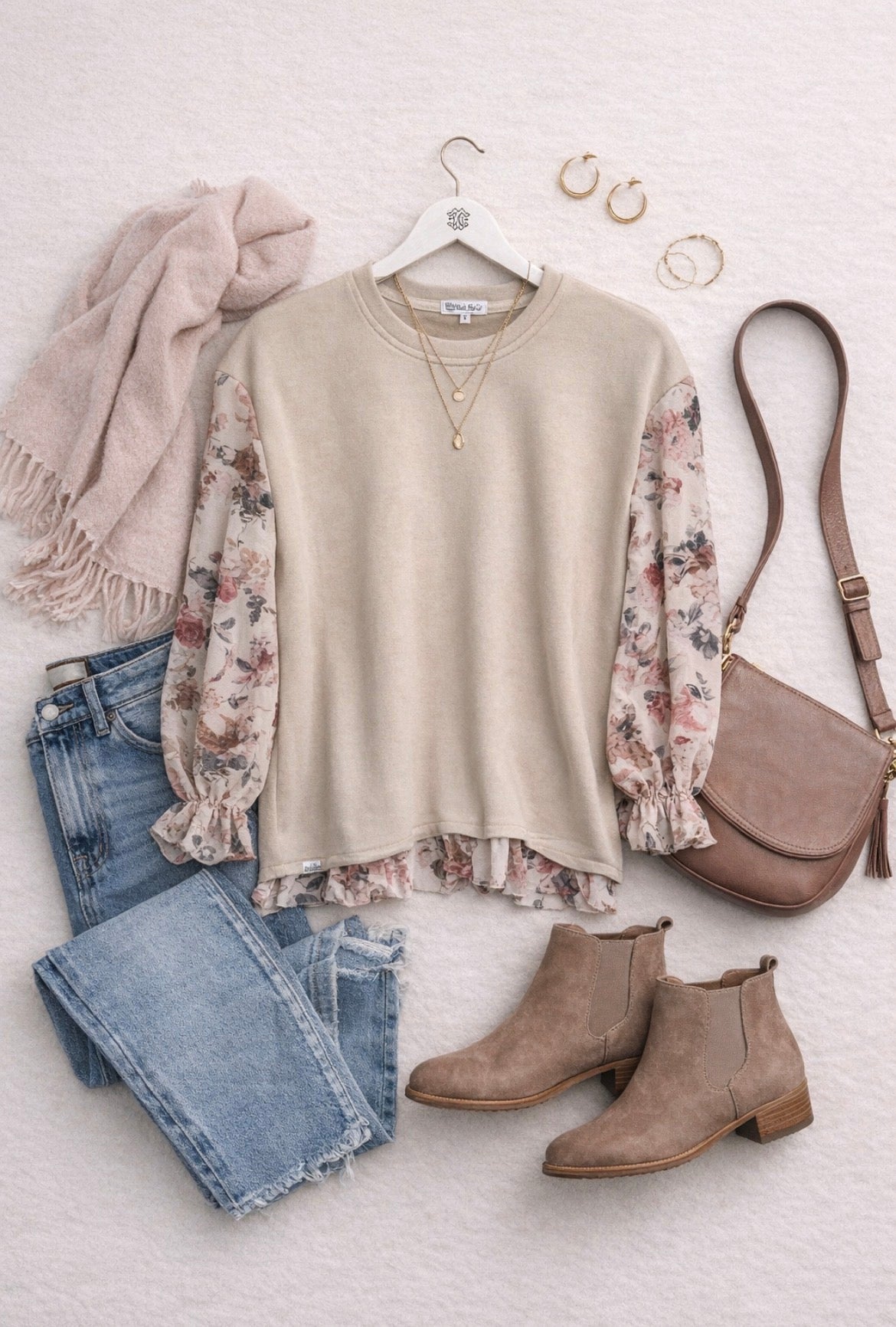 Beige sweatshirt with floral sleeves