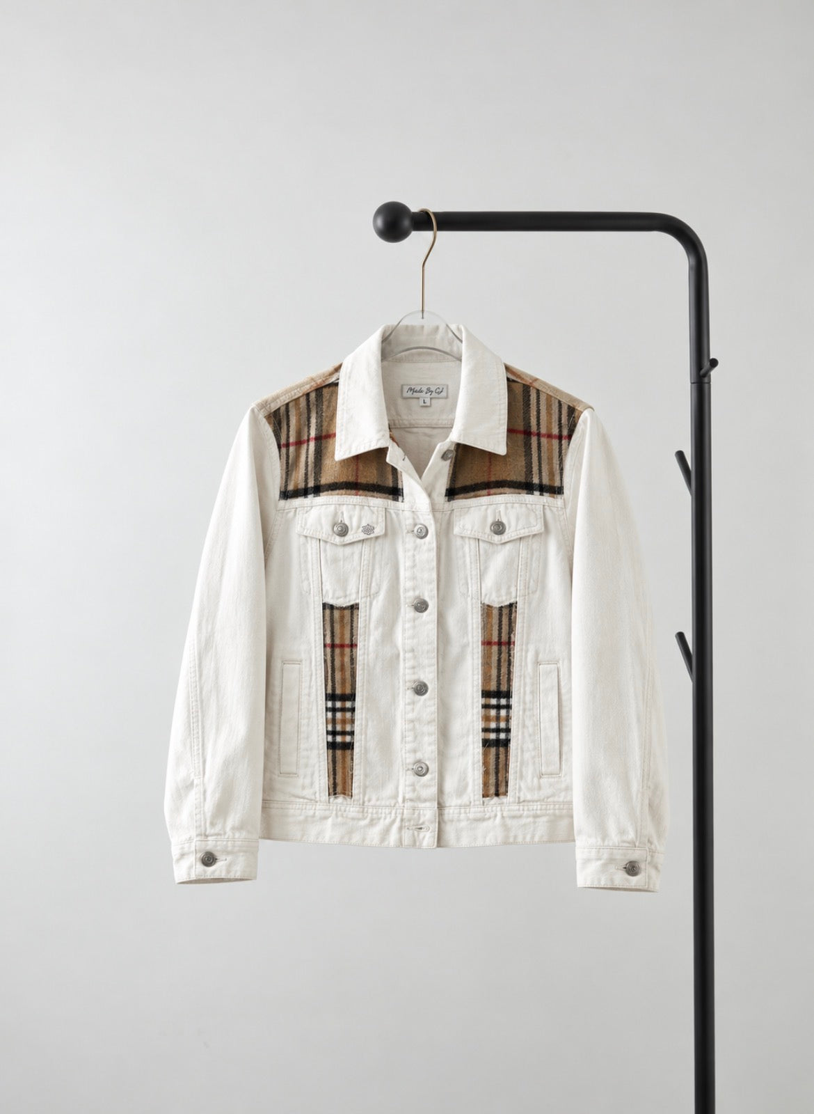 White Denim Jacket – Plaid Accent Edition