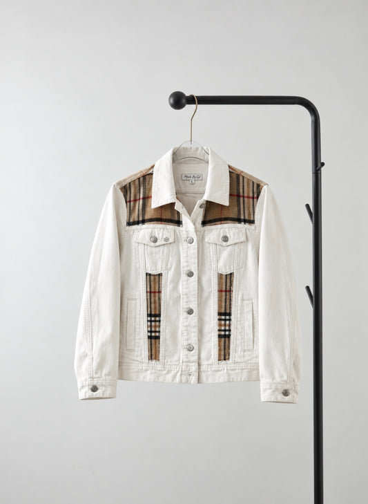 White Denim Jacket – Plaid Accent Edition