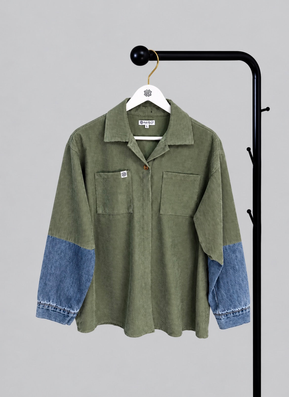 Olive green corduroy and with blue denim sleeve, shirt