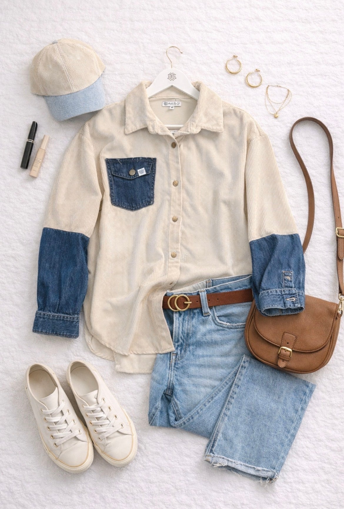 Corduroy Button-Up – Cream & Denim Contrast