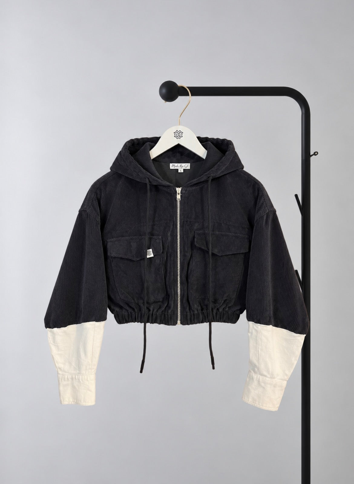 Corduroy Hoodie Jacket, Midnight & Cream Contrast
