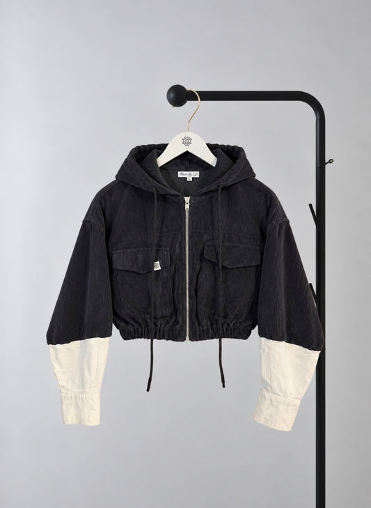 Corduroy Hoodie Jacket, Midnight & Cream Contrast