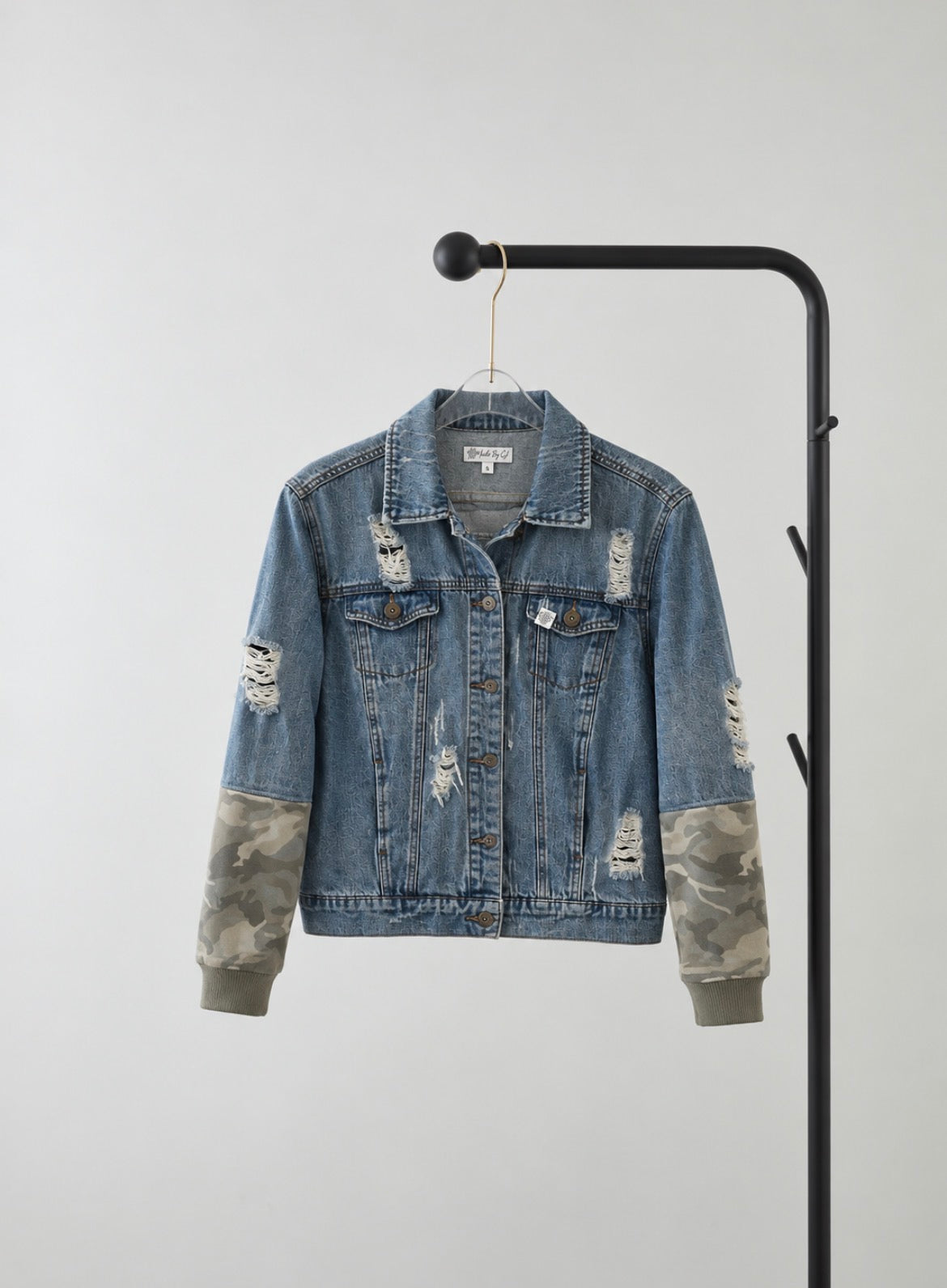 Distressed Denim Jacket – Camo Sleeve