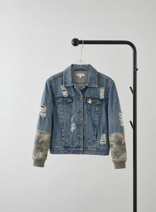 Distressed Denim Jacket – Camo Sleeve