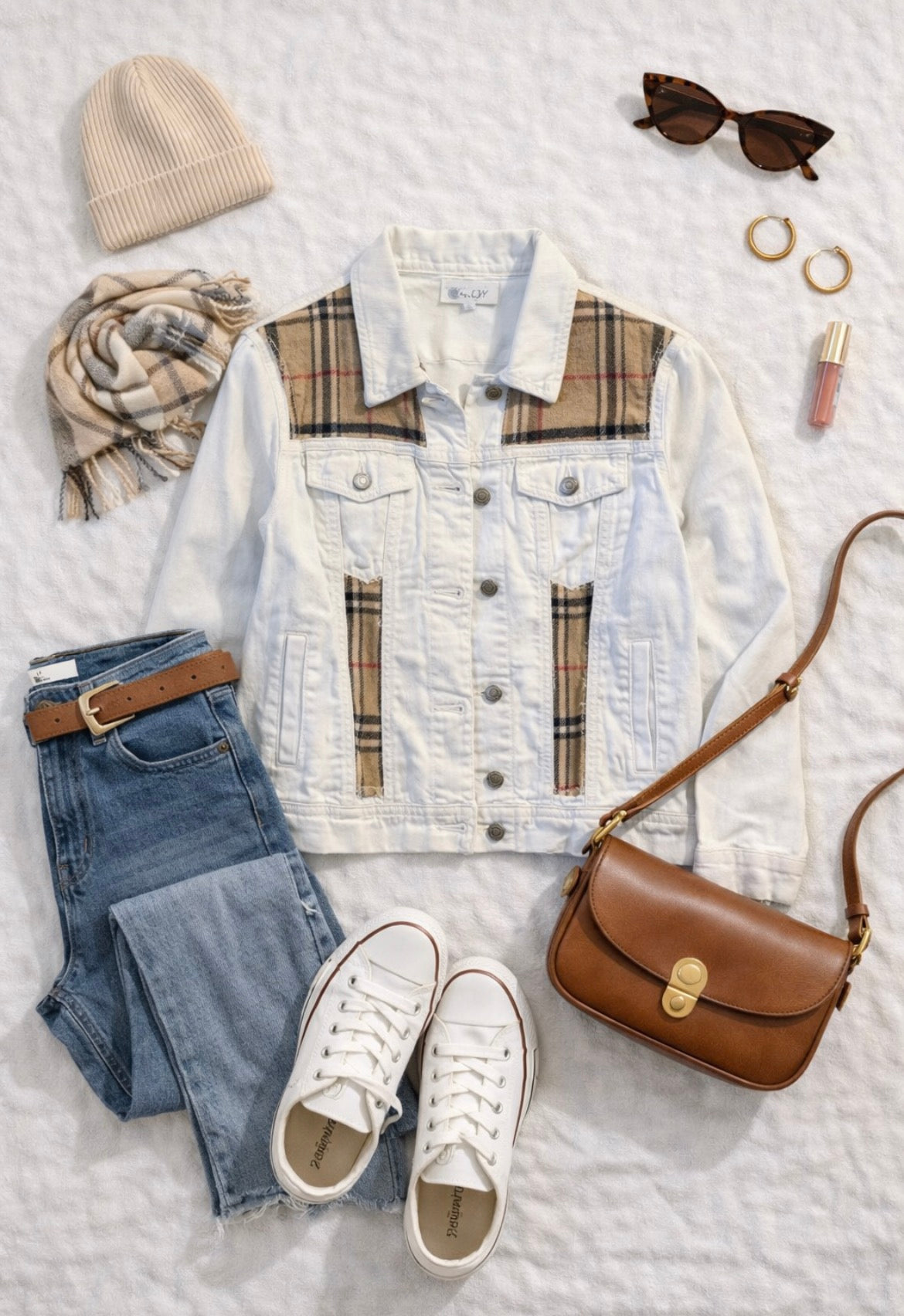 White Denim Jacket – Plaid Accent Edition