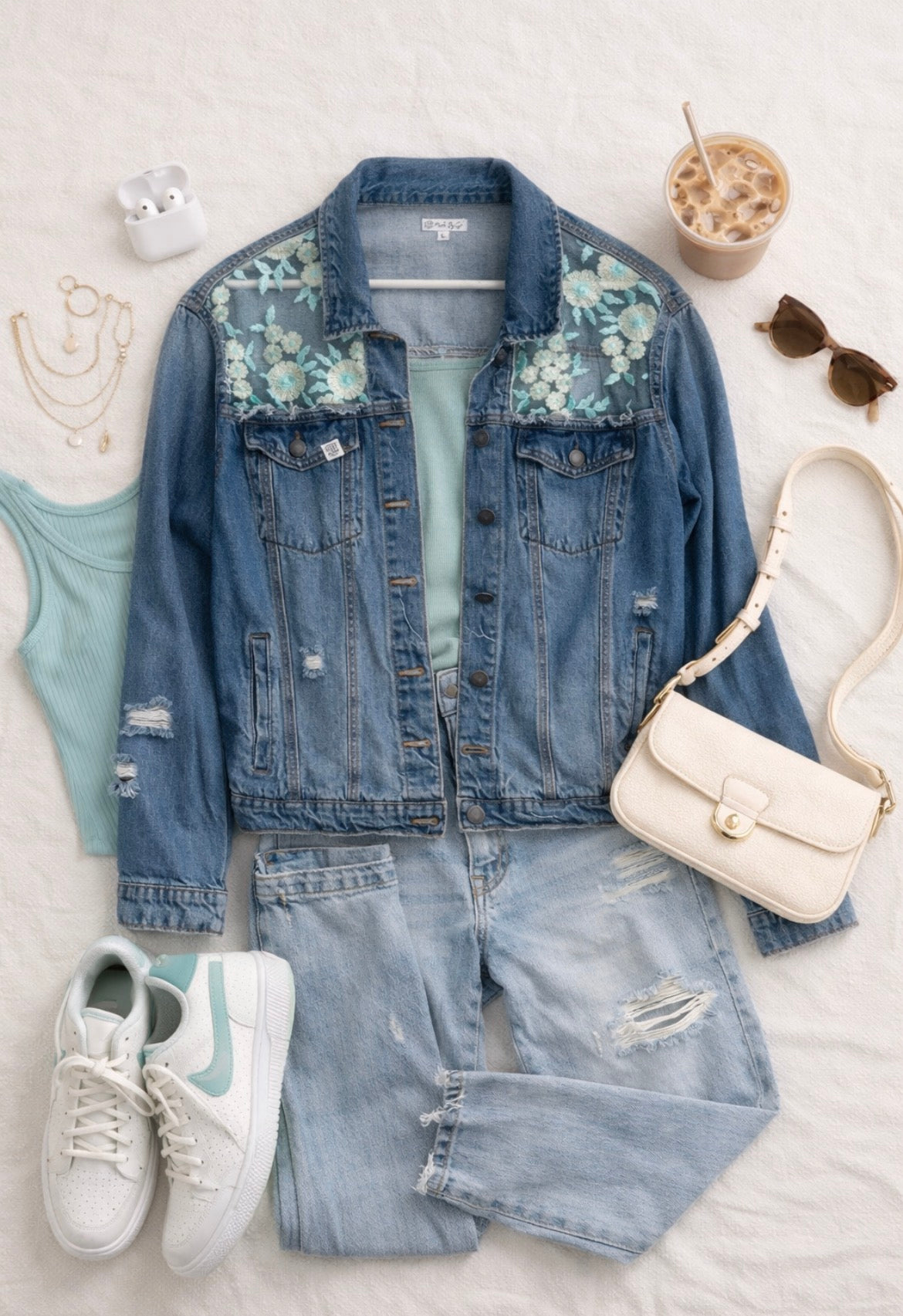 Denim Jacket with aqua floral lace details