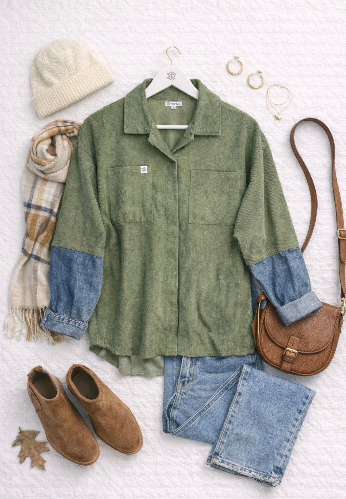 Olive green corduroy and with blue denim sleeve, shirt