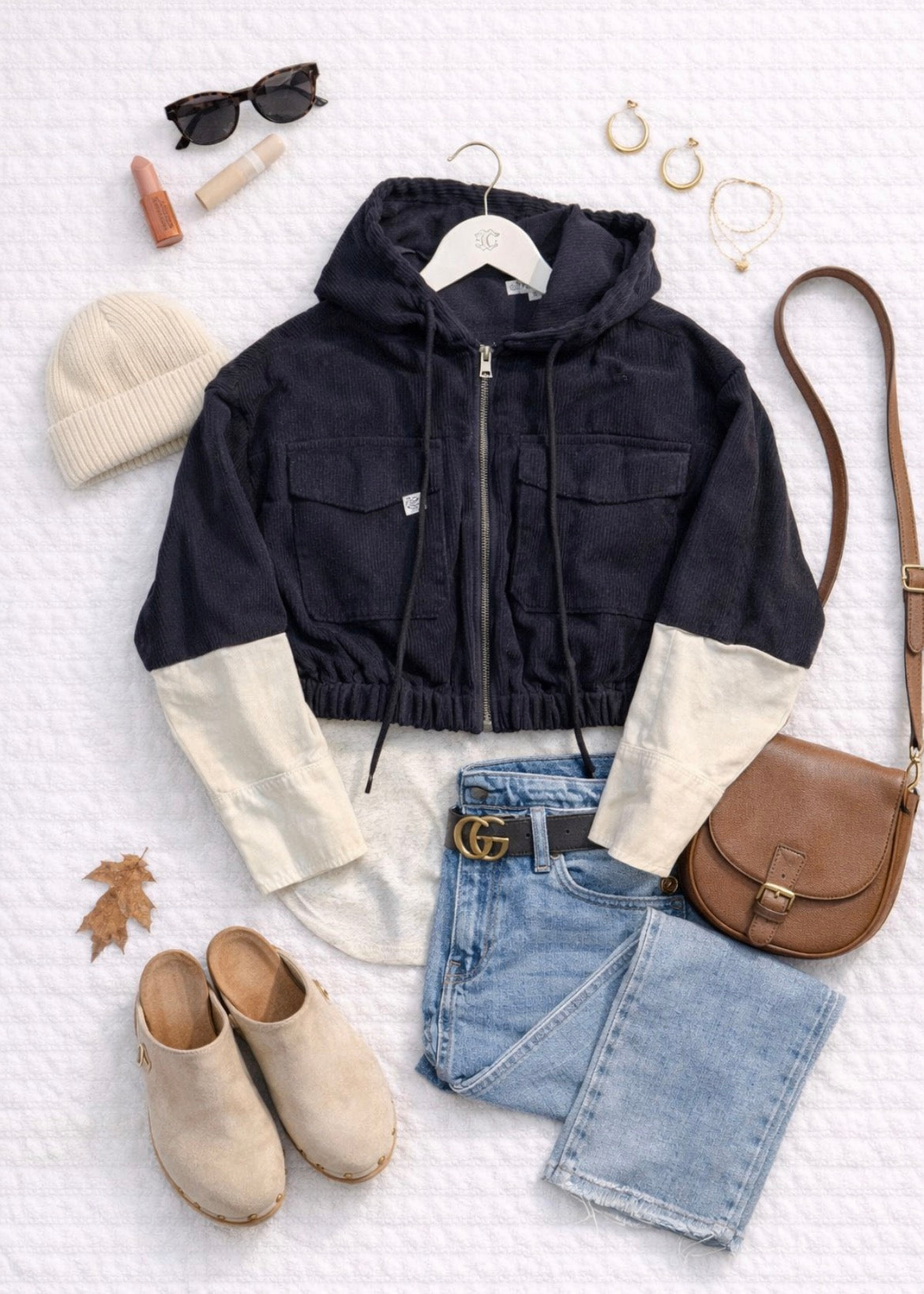 Corduroy Hoodie Jacket, Midnight & Cream Contrast
