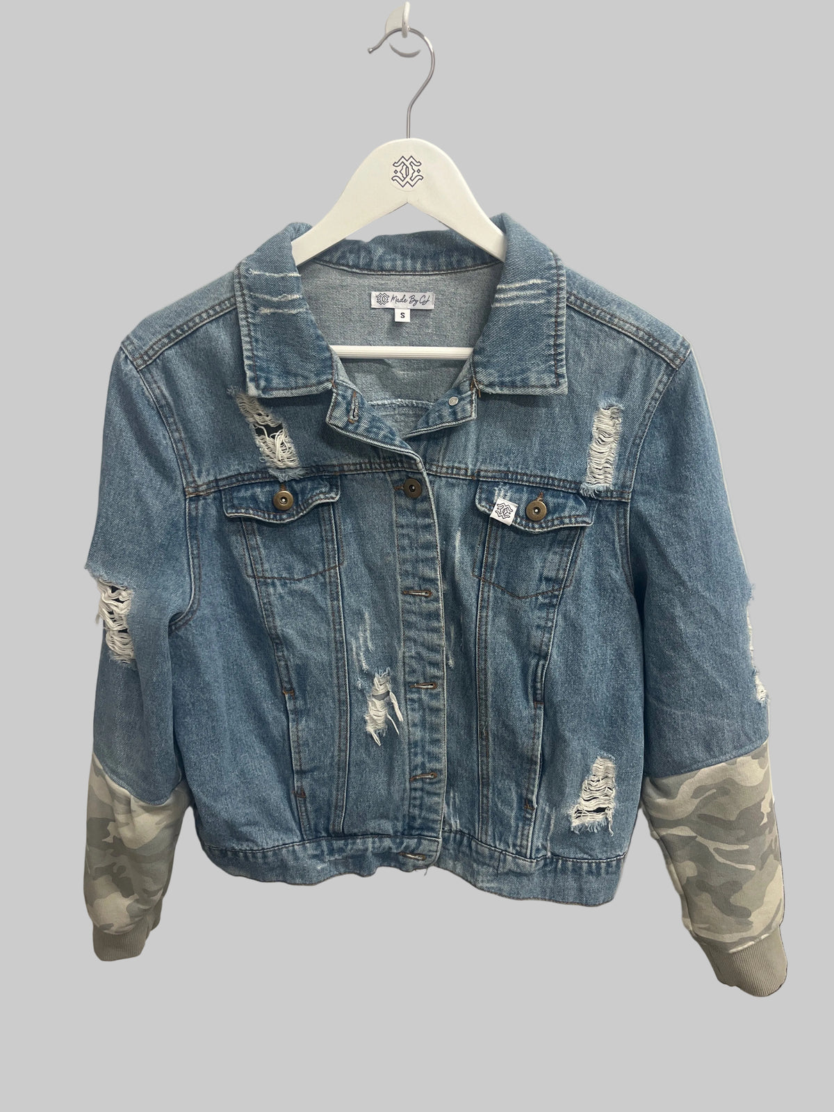 Distressed Denim Jacket – Camo Sleeve