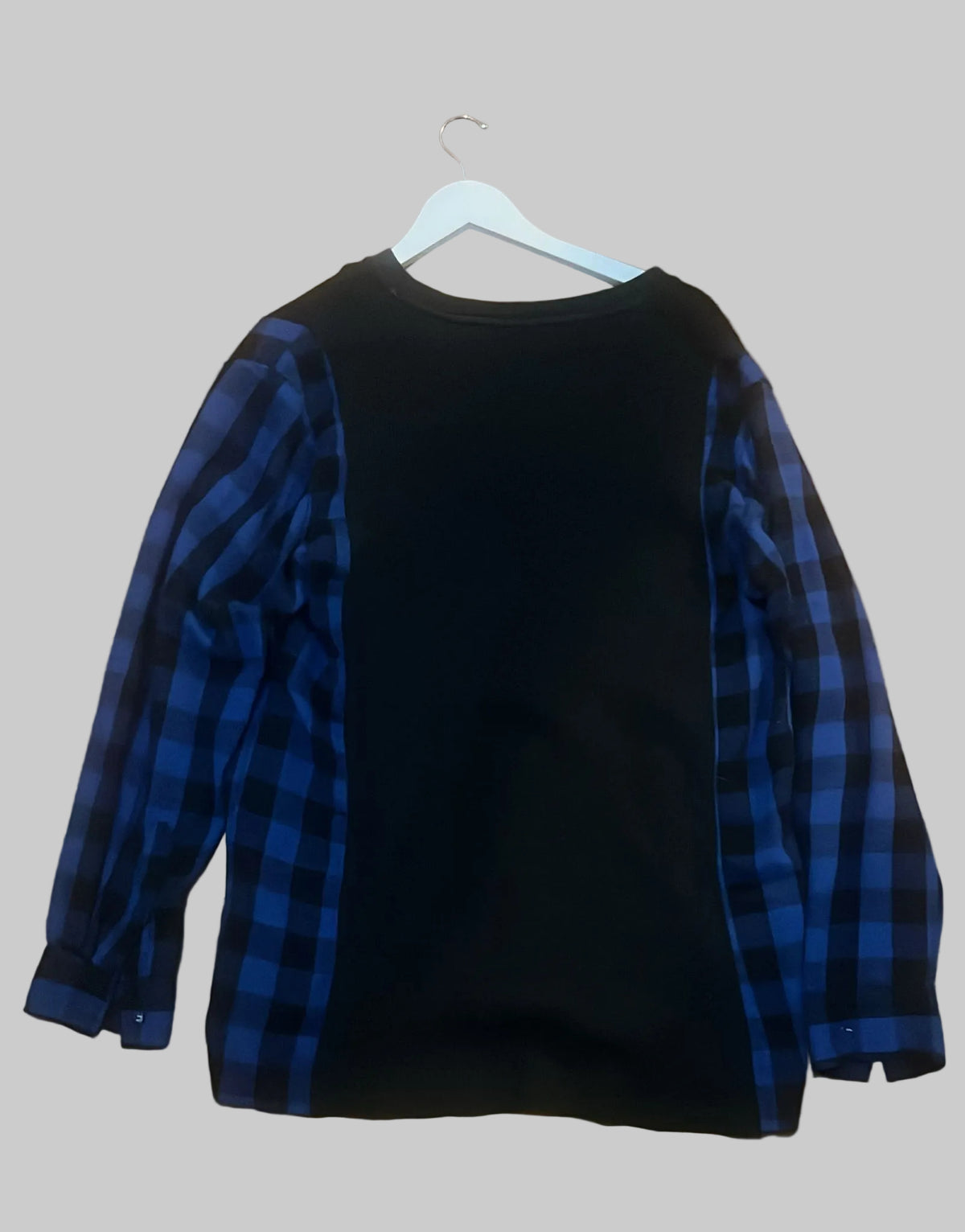 Henley Top – Black; Blue Plaid Sleeve
