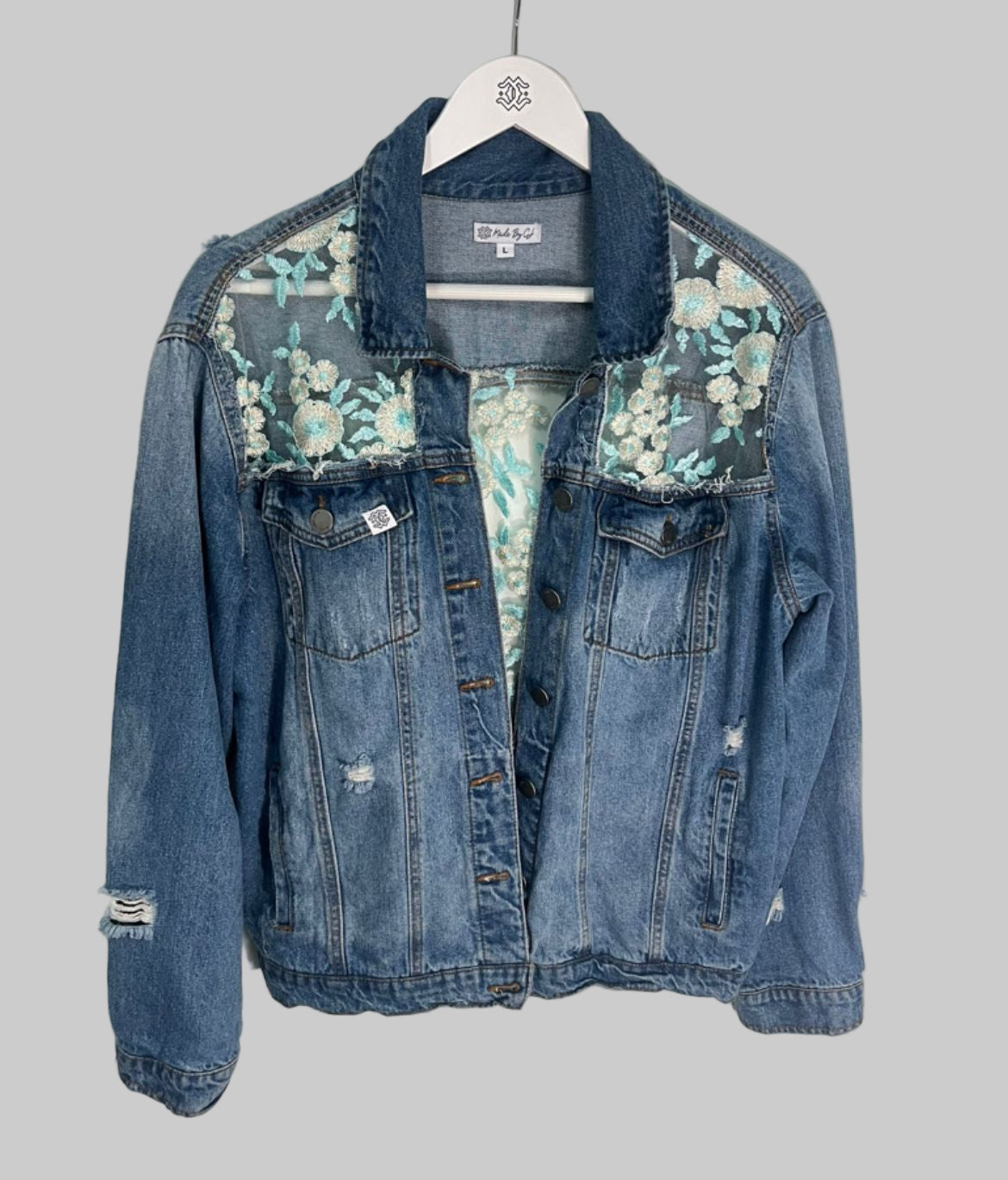 Denim Jacket with aqua floral lace details