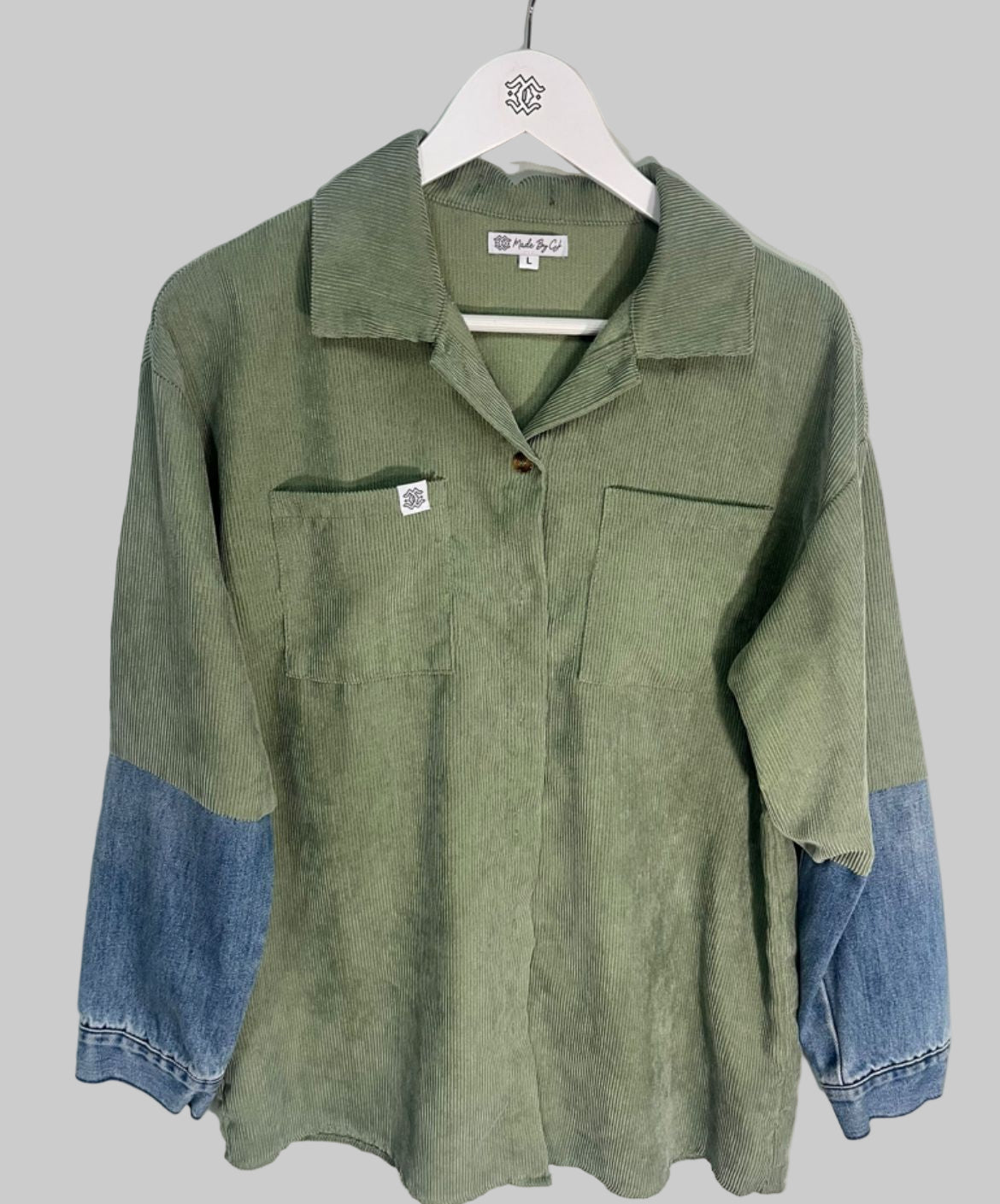 Green cord and half sleeve with  blue denim shirt