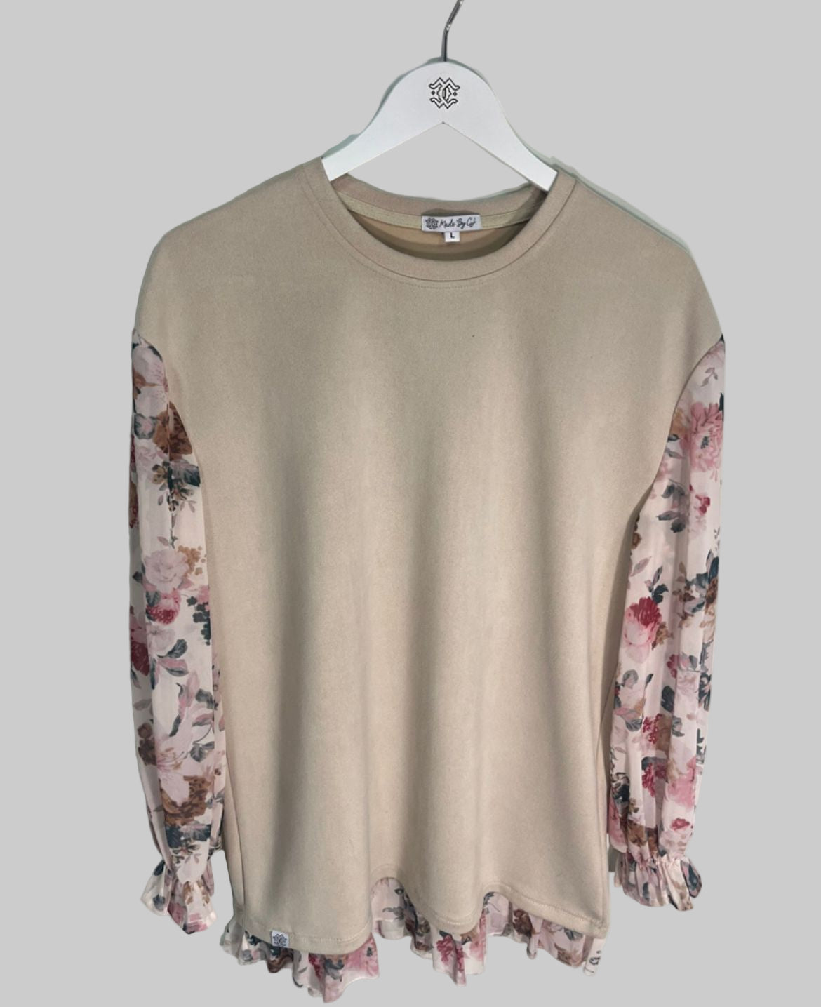 Beige sweatshirt with floral sleeves 