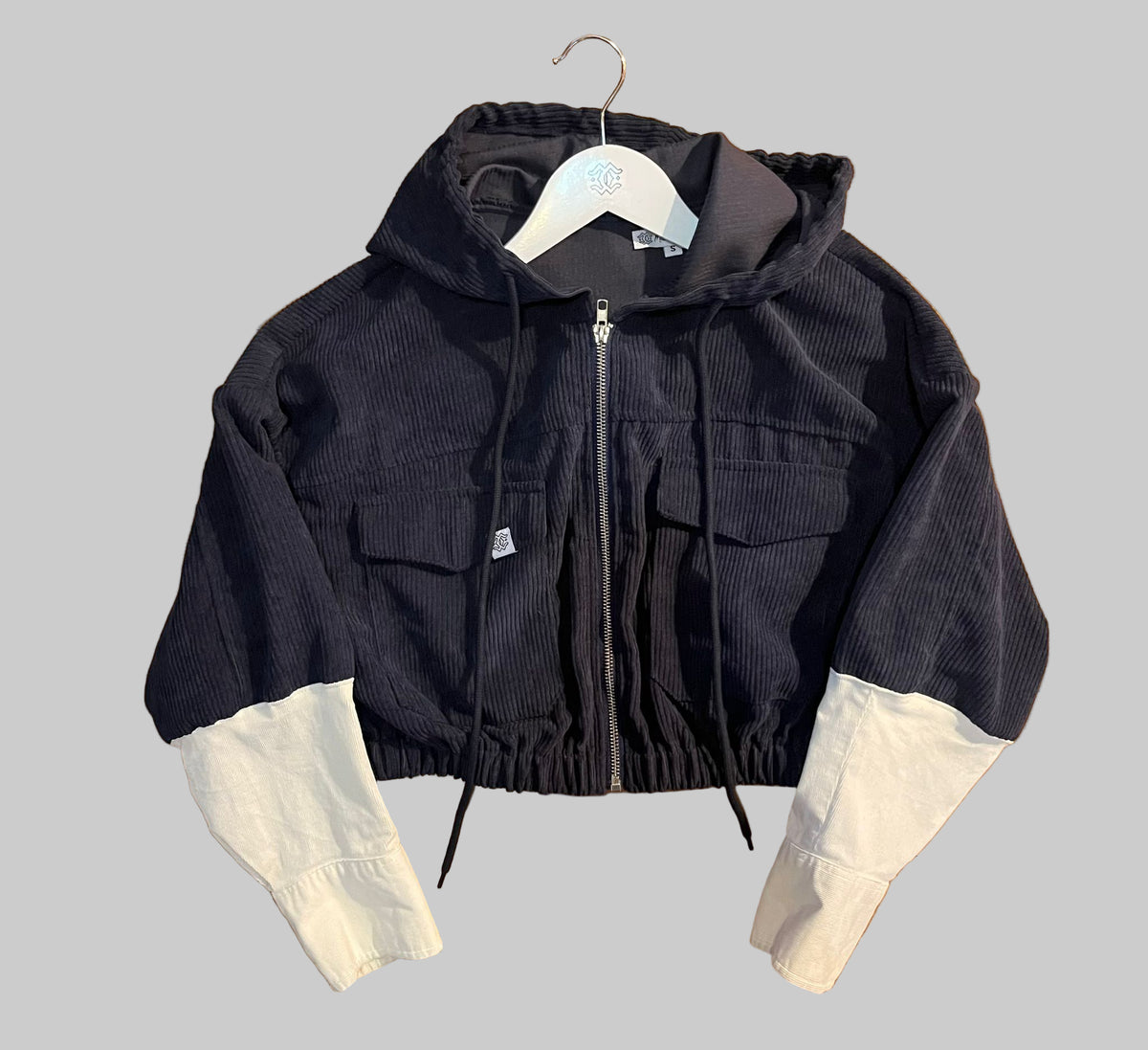 Corduroy Hoodie Jacket, Midnight & Cream Contrast