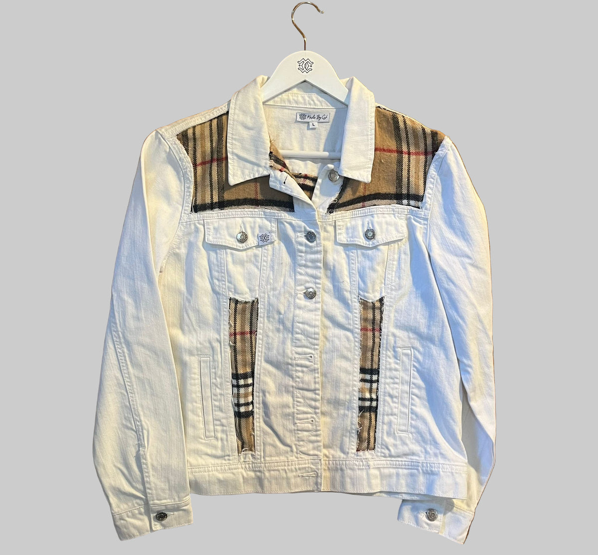 White Denim Jacket – Plaid Accent Edition