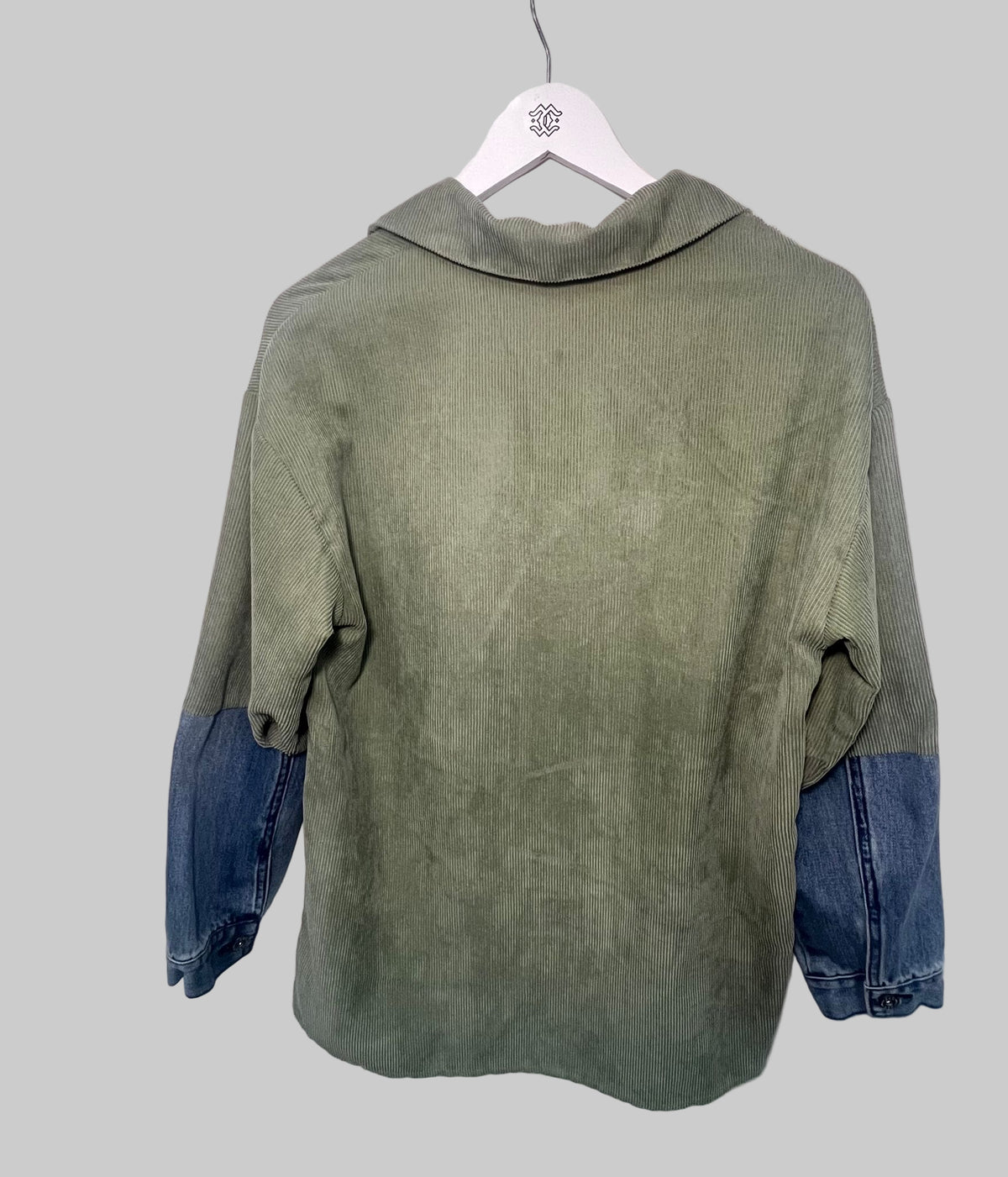 Olive green corduroy and with blue denim sleeve, shirt