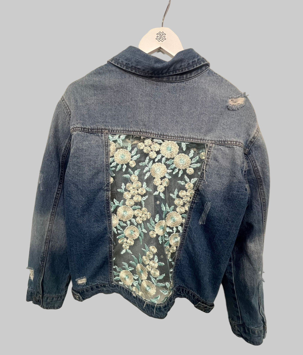Denim Jacket with aqua floral lace details