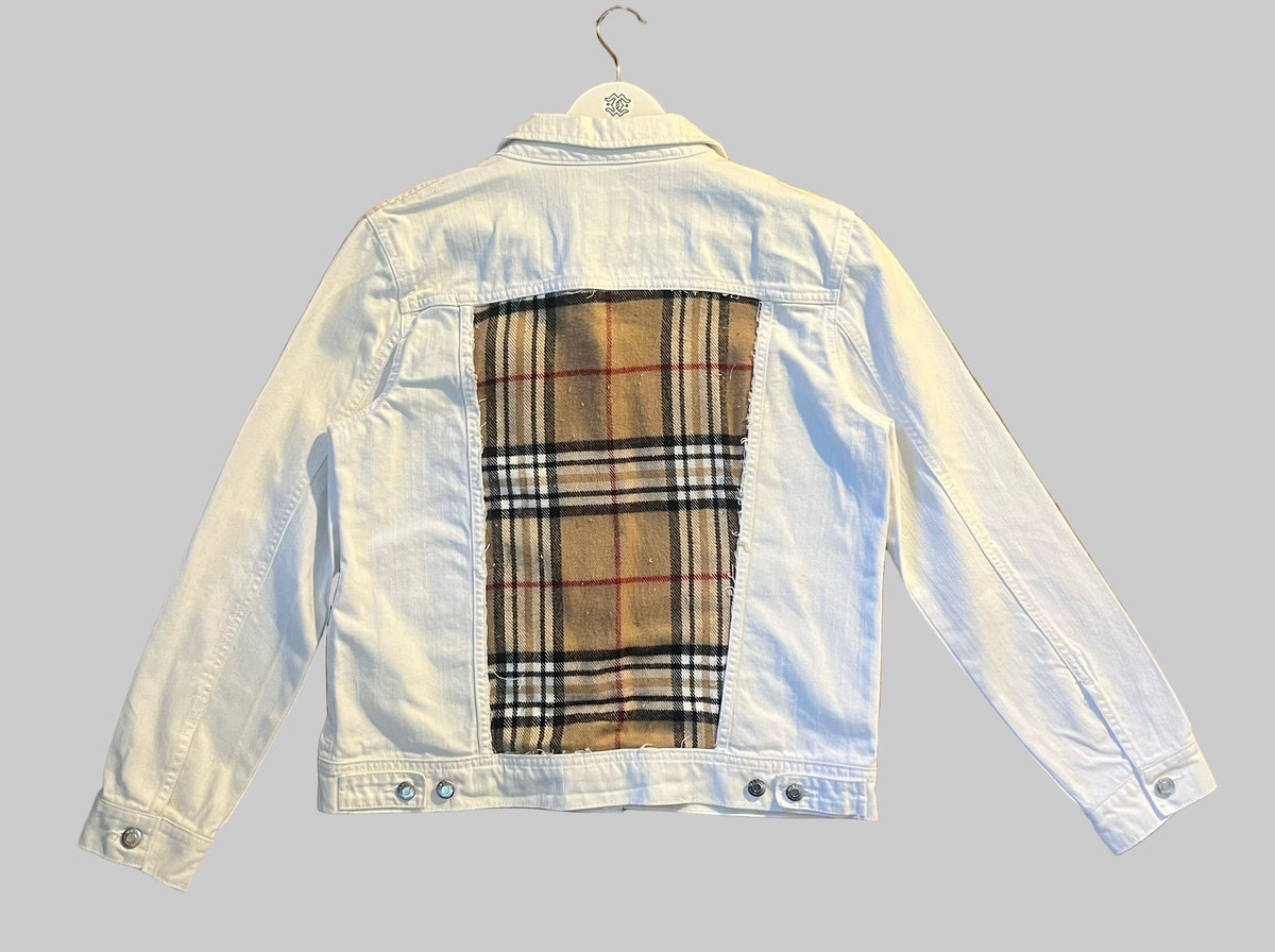 White Denim Jacket – Plaid Accent Edition