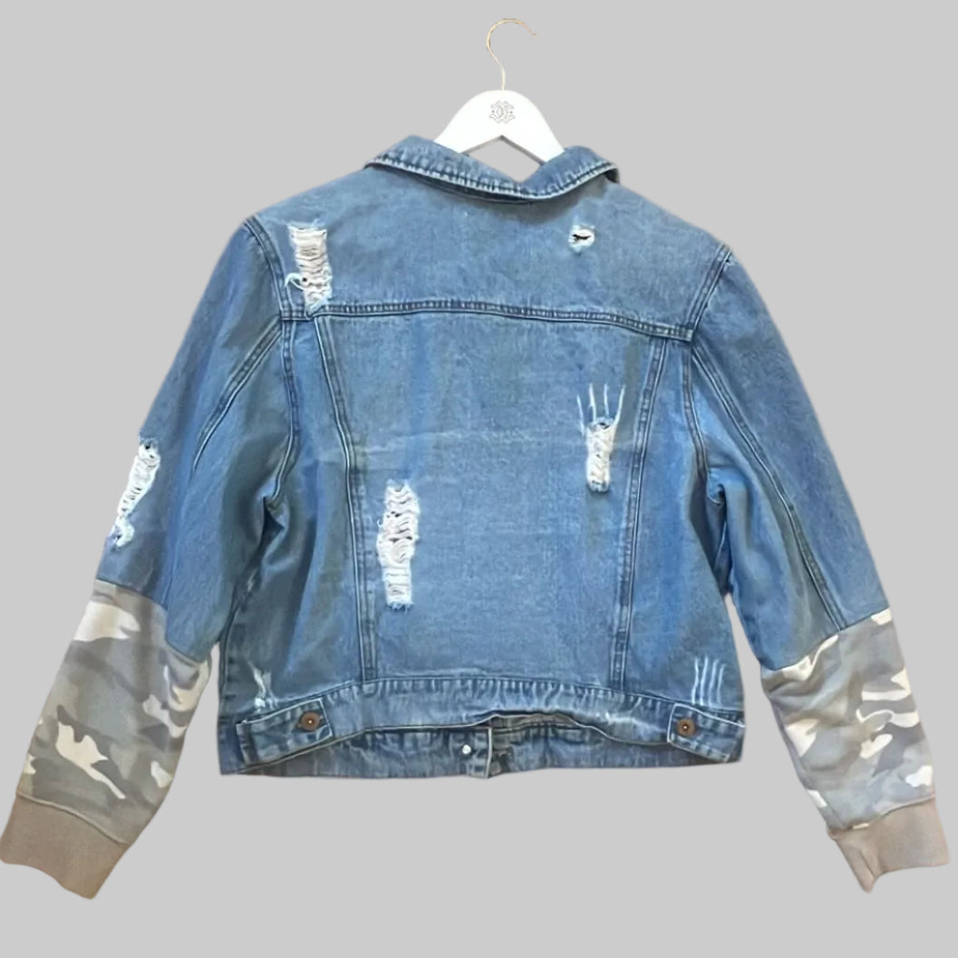 Distressed Denim Jacket – Camo Sleeve